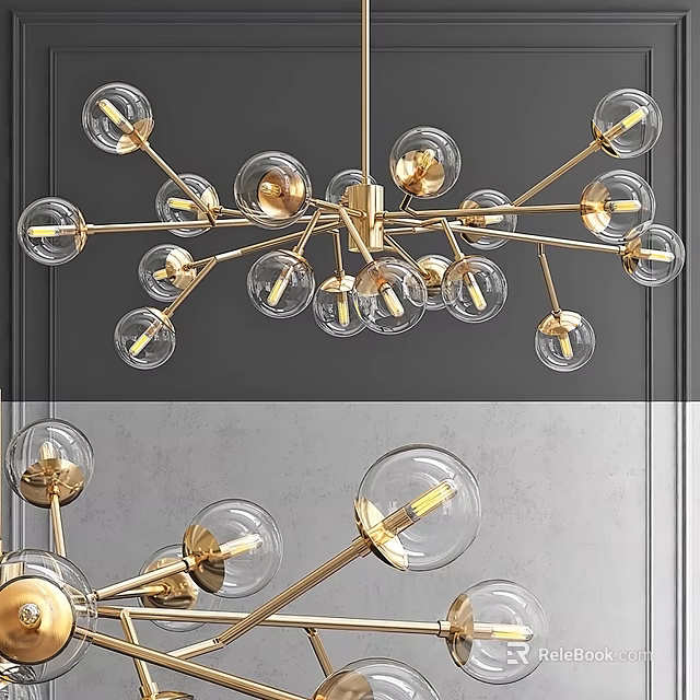 Modern Chandelier Design With Golden Brass Frame And Transparent Glass Globes 3d model 