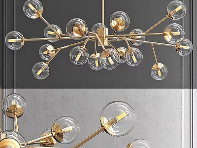 Modern Chandelier Design With Golden Brass Frame And Transparent Glass Globes 3d model