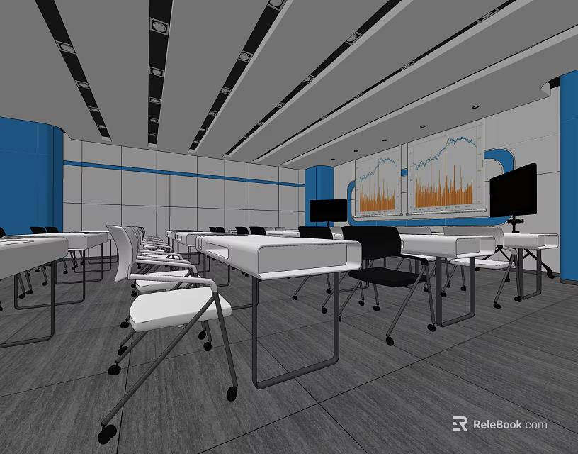 School Classroom Interior With Blue And White Walls Student Desks Chairs Charts And Ceiling Lighting 3d model 