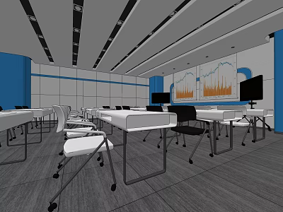 School Classroom Interior With Blue And White Walls Student Desks Chairs Charts And Ceiling Lighting 3d model