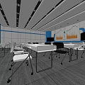 School Classroom Interior With Blue And White Walls Student Desks Chairs Charts And Ceiling Lighting