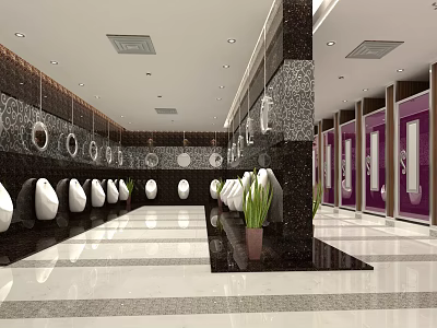 Modern Public Restroom Interior With Urinals Stalls Decorative Walls And Tile Floor 3d model