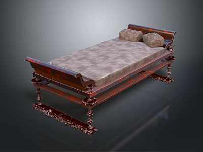 Elegant Double Bed With Carved Wooden Frame Plaid Mattress Decorative Legs And Pillows 3d model