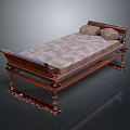 Elegant Double Bed With Carved Wooden Frame Plaid Mattress Decorative Legs And Pillows