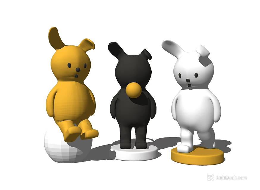 Yellow Black And White Rabbit Dolls With Different Colored Bases In Standing And Sitting Poses 3d model 