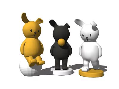 Yellow Black And White Rabbit Dolls With Different Colored Bases In Standing And Sitting Poses 3d model