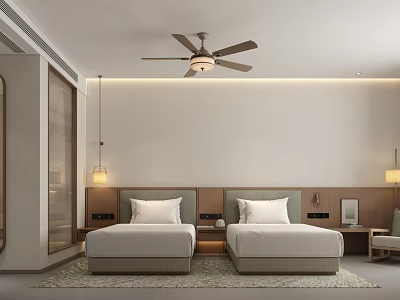 Modern Hotel Room Interior With Two Beds Ceiling Fan Bedside Lamps And Wall Lighting 3d model