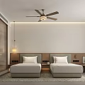 Modern Hotel Room Interior With Two Beds Ceiling Fan Bedside Lamps And Wall Lighting