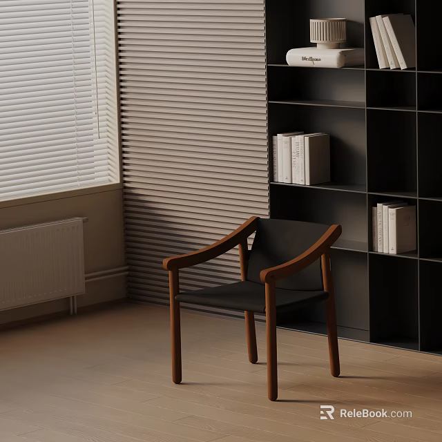 Modern Dining Chair With Wooden Armrests Black Cushion Near Bookshelf Window Blinds And Striped Wall 3d model 