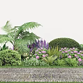Lush Green Bushes With Ferns Purple Flowers And Pink Blooms Along Stone Pathway