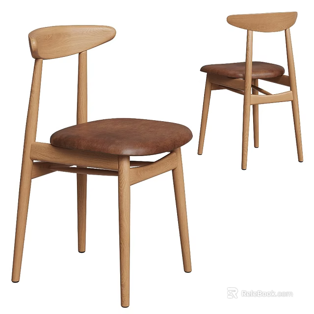Modern Wooden Dining Chairs With Leather Seat Curved Backrest And Slim Legs Design 3d model 