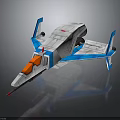 Blue And White Spacecraft Model With Orange Cockpit Wings And Futuristic Cosmic Design