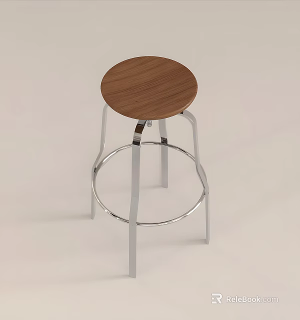 Modern Bar Stool With Round Wooden Seat And Silver Metal Frame Footrest 3d model 