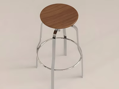 Modern Bar Stool With Round Wooden Seat And Silver Metal Frame Footrest 3d model