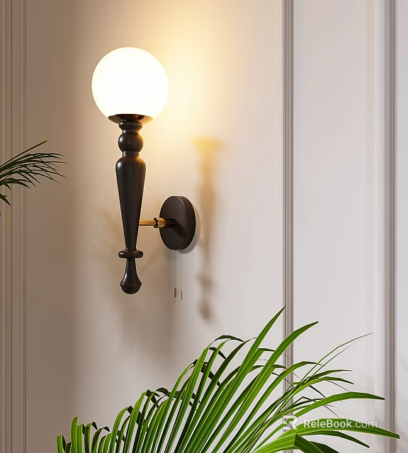 Elegant Black Wall Lamp With White Globe Shade Mounted On Beige Wall And Green Plants 3d model 