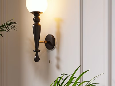 Elegant Black Wall Lamp With White Globe Shade Mounted On Beige Wall And Green Plants 3d model