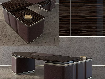 Elegant Modern Coffee Table Featuring Wood Grain Top Leather Base And Metal Trim 3d model