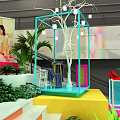 Colorful Display Cubes With Green Plants MAYA Sign And Photo Display In Exhibition