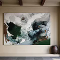Abstract Wall Painting With Green And White Tones And Decorative Vase