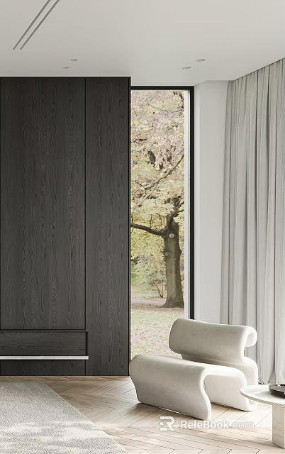 Modern Accent Chair by Dark Wood Cabinet with Light Gray Curtains and Autumn Tree Outside 3d model 