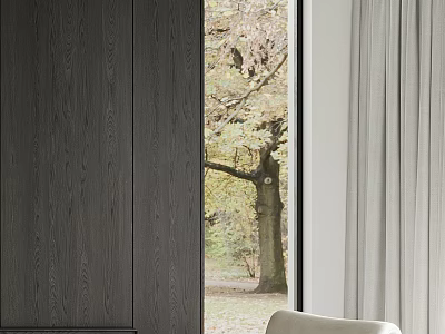 Modern Accent Chair by Dark Wood Cabinet with Light Gray Curtains and Autumn Tree Outside 3d model