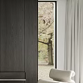 Modern Accent Chair by Dark Wood Cabinet with Light Gray Curtains and Autumn Tree Outside
