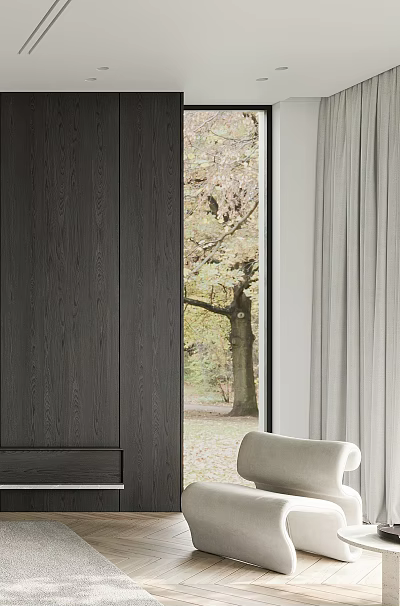 Modern Accent Chair by Dark Wood Cabinet with Light Gray Curtains and Autumn Tree Outside 3d model