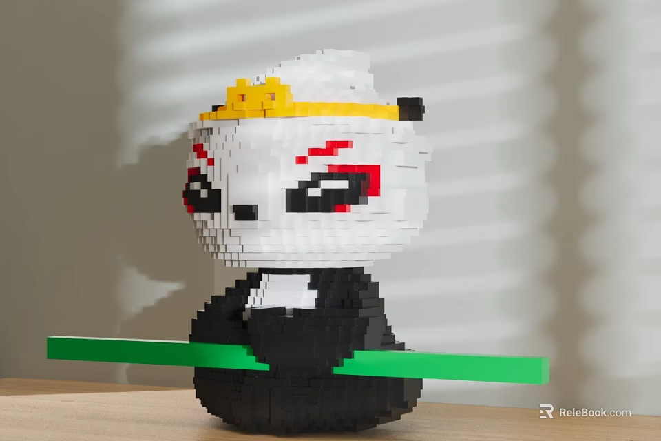 Decorative Figurine Set Featuring Block Panda With Yellow Crown Red Eye Makeup And Green Stick 3d model 