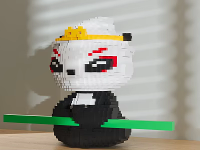 Decorative Figurine Set Featuring Block Panda With Yellow Crown Red Eye Makeup And Green Stick 3d model