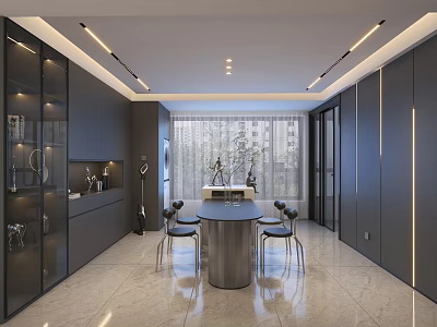 Elegant Modern Restaurant Interior With Dark Cabinets Circular Metal Island And Glass Doors 3d model