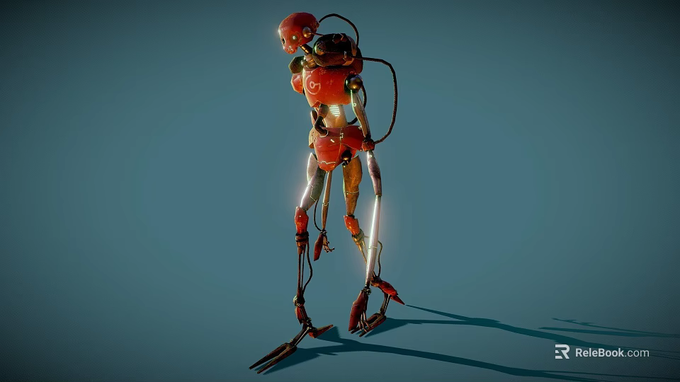 Red Metallic Robot Character With Glowing Body Parts Standing On Blue Backdrop 3d model 