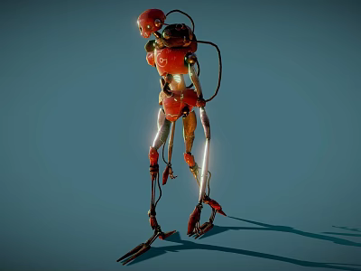 Red Metallic Robot Character With Glowing Body Parts Standing On Blue Backdrop 3d model