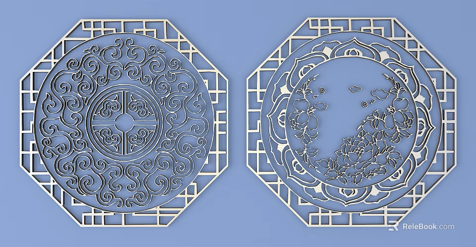 Traditional Chinese Intricate Carved Lattice Windows With Octagonal Frame And Floral Landscape Patterns 3d model 