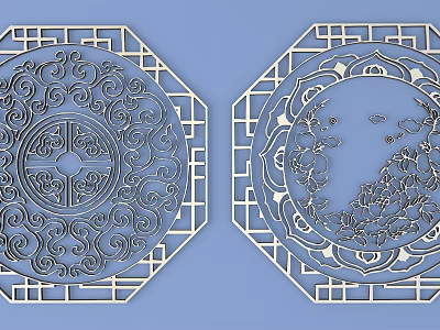 Traditional Chinese Intricate Carved Lattice Windows With Octagonal Frame And Floral Landscape Patterns 3d model