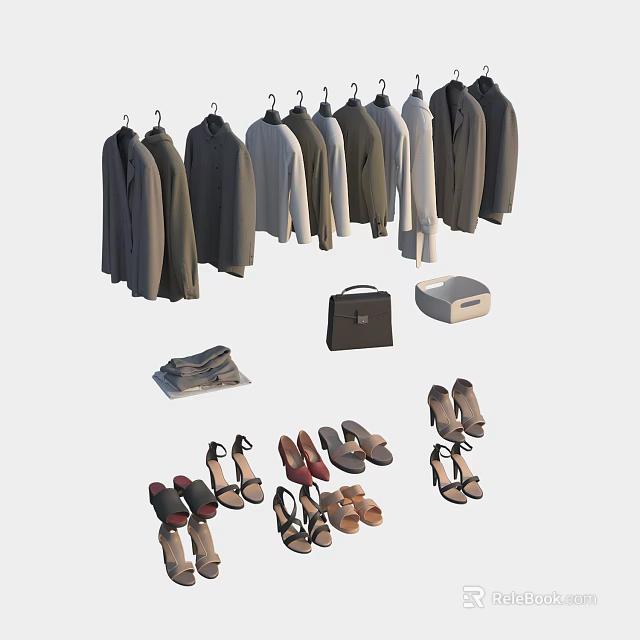 Hanging Clothes With Various Shoes Handbag Newspaper And Box 3d model 