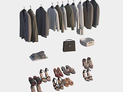 Hanging Clothes With Various Shoes Handbag Newspaper And Box 3d model