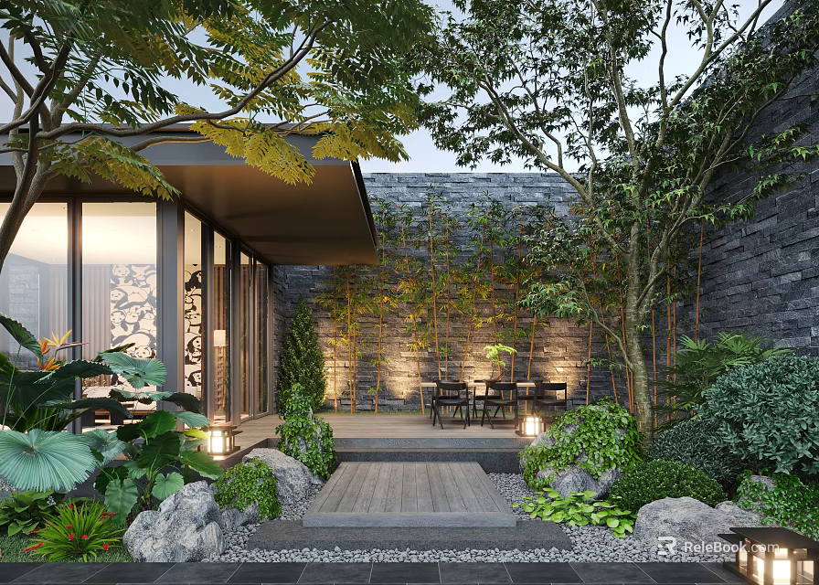 Lush Courtyard Garden With Stone Pathway Green Plants Wooden Deck Tables Chairs And Soft Lighting 3d model 