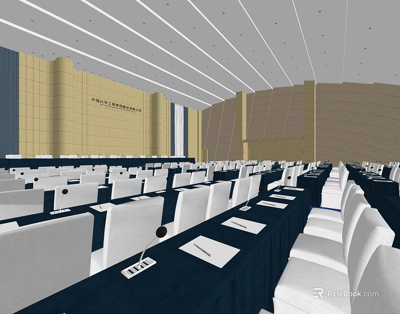 Spacious Formal Conference Room With White Chairs Blue Tablecloths And Documents On Tables 3d model 