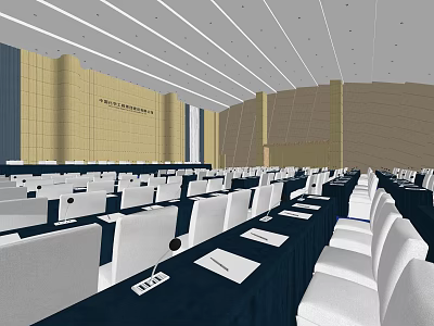 Spacious Formal Conference Room With White Chairs Blue Tablecloths And Documents On Tables 3d model