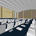 Spacious Formal Conference Room With White Chairs Blue Tablecloths And Documents On Tables