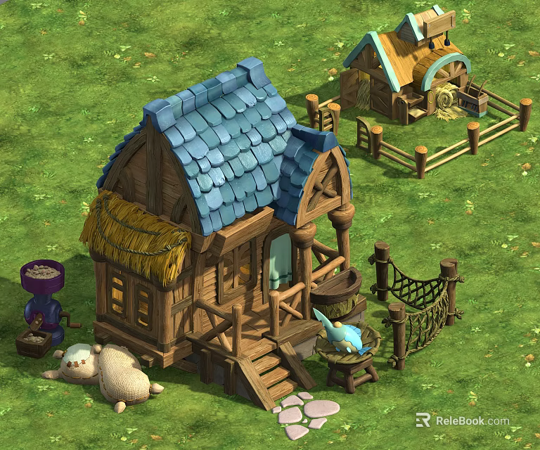 Cartoon Scenery With Small Wooden Houses Green Grass Blue And Straw Roofs Sheep And Fishing Net 3d model 