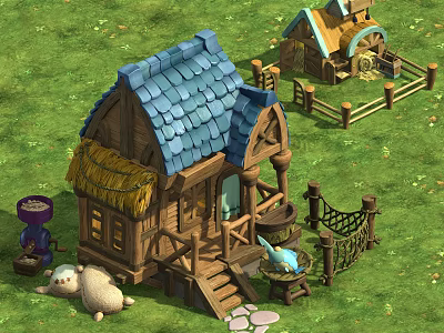 Cartoon Scenery With Small Wooden Houses Green Grass Blue And Straw Roofs Sheep And Fishing Net 3d model