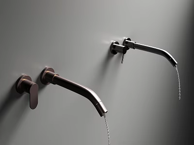 Modern Wall Mounted Faucets With Water Dripping On Gray Wall Surface 3d model