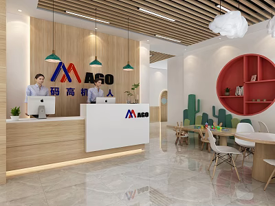 Modern Front Desk Reception Interior With Wooden Counter Company Logo Pendant Lights And Wall Panel 3d model