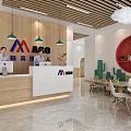 Modern Front Desk Reception Interior With Wooden Counter Company Logo Pendant Lights And Wall Panel
