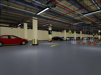 Well Lit Parking Garage With Parked Cars Directional Arrows Orange Cones And Pillars 3d model