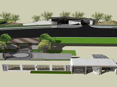 Modern Architectural Entrance Gate With Landscaping Driveway Covered Structure And Trees 3d model