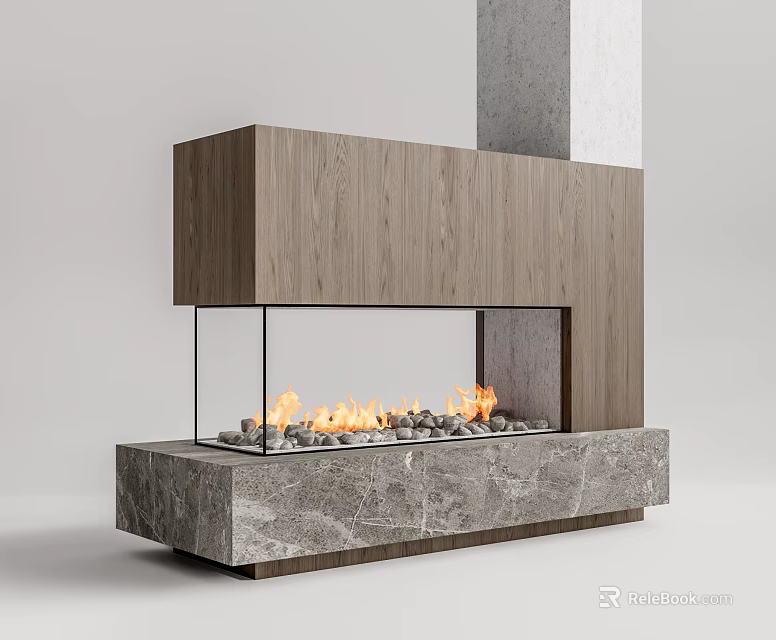 Modern Fireplace With Wooden Frame Glass Enclosure Marble Base And Burning Flames 3d model 