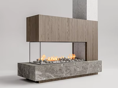 Modern Fireplace With Wooden Frame Glass Enclosure Marble Base And Burning Flames 3d model