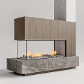 Modern Fireplace With Wooden Frame Glass Enclosure Marble Base And Burning Flames
